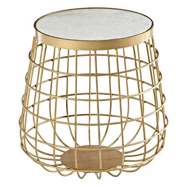 White Marble Top Side Table With Gold Brass Latticed Metal Base, Nirav