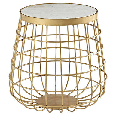 White Marble Top Side Table With Gold Brass Latticed Metal Base, Nirav