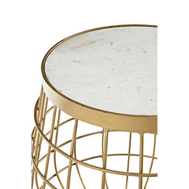 White Marble Top Side Table With Gold Brass Latticed Metal Base, Nirav