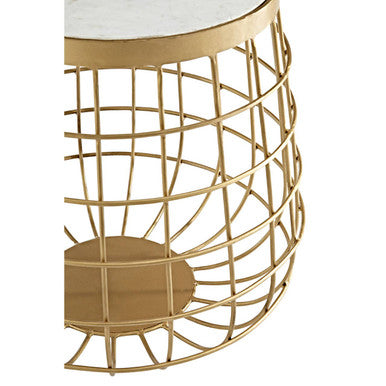 White Marble Top Side Table With Gold Brass Latticed Metal Base, Nirav