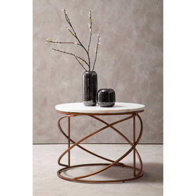 White Veined Marble Round Coffee Table With Copper Tone Zig Zag Iron Frame, Nirav