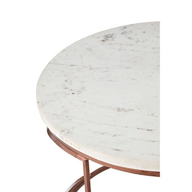 White Veined Marble Round Coffee Table With Copper Tone Zig Zag Iron Frame, Nirav