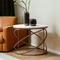 White Veined Marble Round Coffee Table With Copper Tone Zig Zag Iron Frame, Nirav