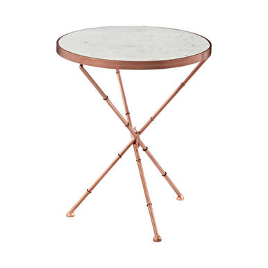 White Marble Top Side Table With Slim Copper Cross Leg , Nirav