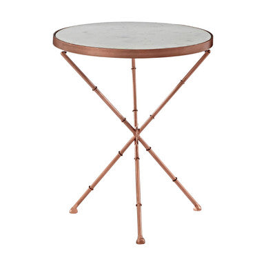 White Marble Top Side Table With Slim Copper Cross Leg , Nirav