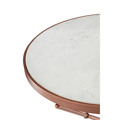 White Marble Top Side Table With Slim Copper Cross Leg , Nirav