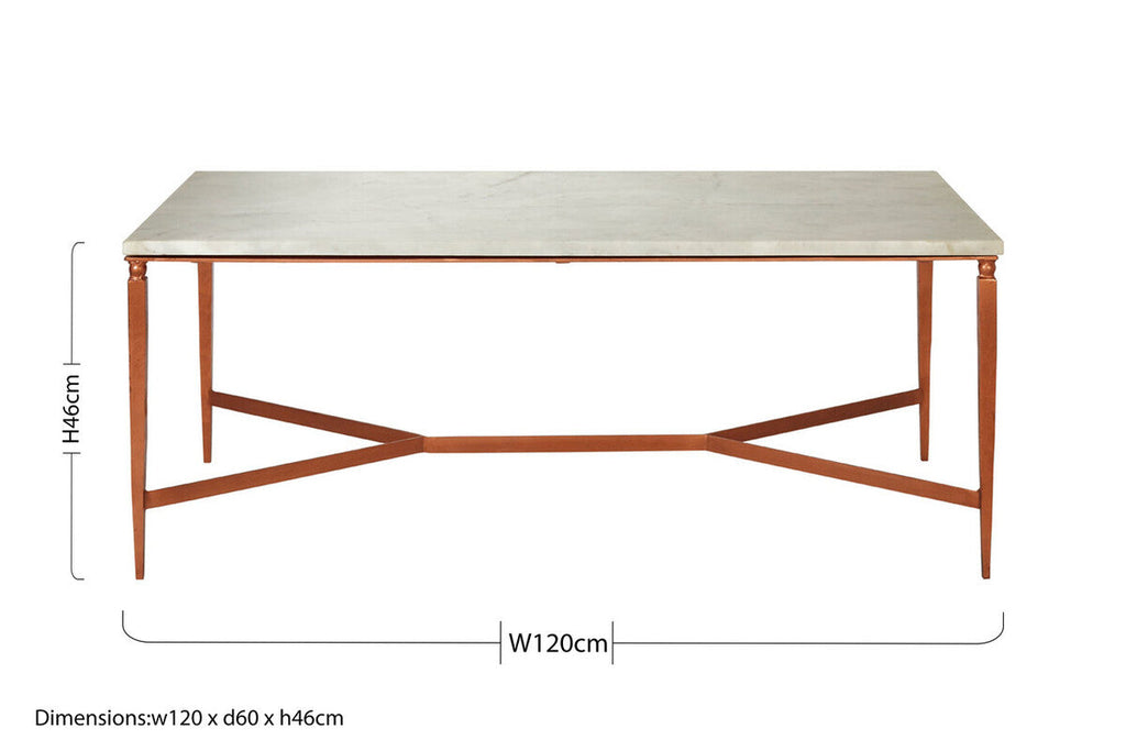 White Marble Top Coffee Table With Warm Copper Tapered Iron Legs, Nirav