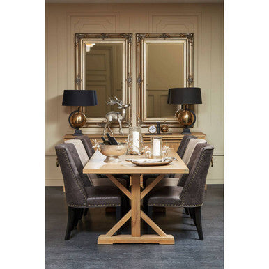 Aged Grey Oak Dining Table With Prominent Silvery Grain & Crossed Base, Lyon