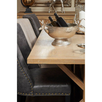 Aged Grey Oak Dining Table With Prominent Silvery Grain & Crossed Base, Lyon