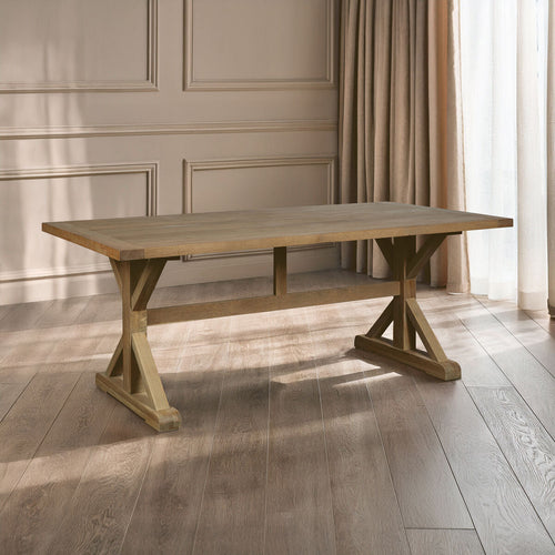 Aged Grey Oak Dining Table With Prominent Silvery Grain & Crossed Base, Lyon