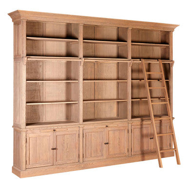 Lyon Washed Grey Oak Wood Large Bookcase With Ladder