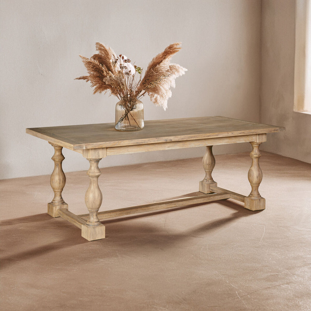 Brown American Oak Wood Whitewash Top Black Dining Table With Carved Legs, Lyon