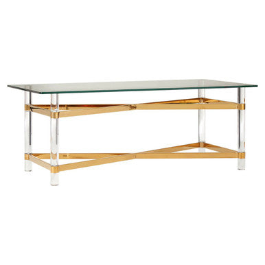 Clear Tempered Glass Coffee Table With Clear Acrylic Legs & Gold Metal Cross Frame, Clarence