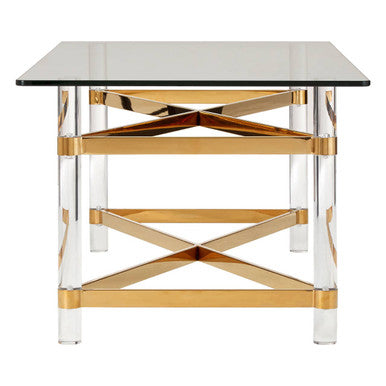 Clear Tempered Glass Coffee Table With Clear Acrylic Legs & Gold Metal Cross Frame, Clarence