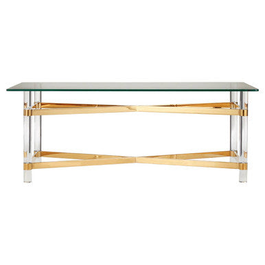 Clear Tempered Glass Coffee Table With Clear Acrylic Legs & Gold Metal Cross Frame, Clarence