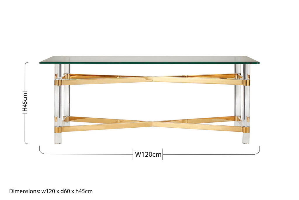 Clear Tempered Glass Coffee Table With Clear Acrylic Legs & Gold Metal Cross Frame, Clarence