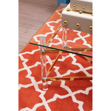 Clear Tempered Glass Coffee Table With Clear Acrylic Legs & Gold Metal Cross Frame, Clarence