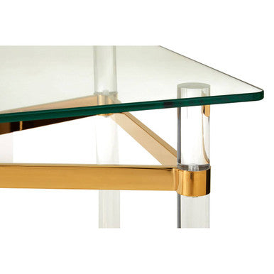 Clear Tempered Glass Coffee Table With Clear Acrylic Legs & Gold Metal Cross Frame, Clarence