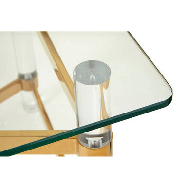 Clear Tempered Glass Coffee Table With Clear Acrylic Legs & Gold Metal Cross Frame, Clarence