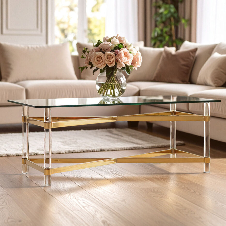 Clear Tempered Glass Coffee Table With Clear Acrylic Legs & Gold Metal Cross Frame, Clarence