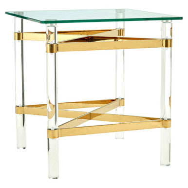 Clear Tempered Glass Side Table With Clear Acrylic Legs & Gold Metal Cross Frame, Clarence