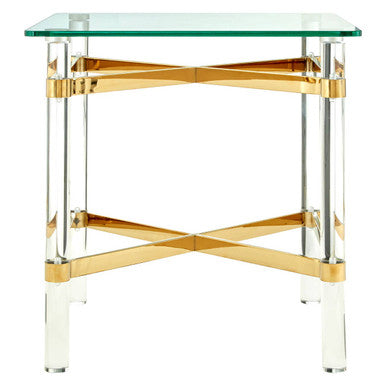 Clear Tempered Glass Side Table With Clear Acrylic Legs & Gold Metal Cross Frame, Clarence