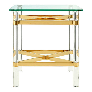 Clear Tempered Glass Side Table With Clear Acrylic Legs & Gold Metal Cross Frame, Clarence
