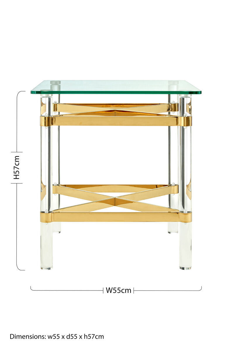 Clear Tempered Glass Side Table With Clear Acrylic Legs & Gold Metal Cross Frame, Clarence