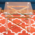 Clear Tempered Glass Side Table With Clear Acrylic Legs & Gold Metal Cross Frame, Clarence