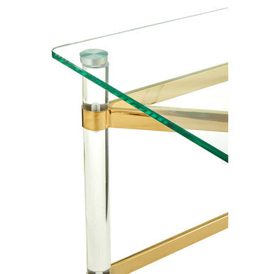 Clear Tempered Glass Side Table With Clear Acrylic Legs & Gold Metal Cross Frame, Clarence