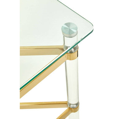 Clear Tempered Glass Side Table With Clear Acrylic Legs & Gold Metal Cross Frame, Clarence