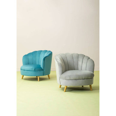Orlina Grey Velvet Scalloped Curved Chair With Gold Wood Legs