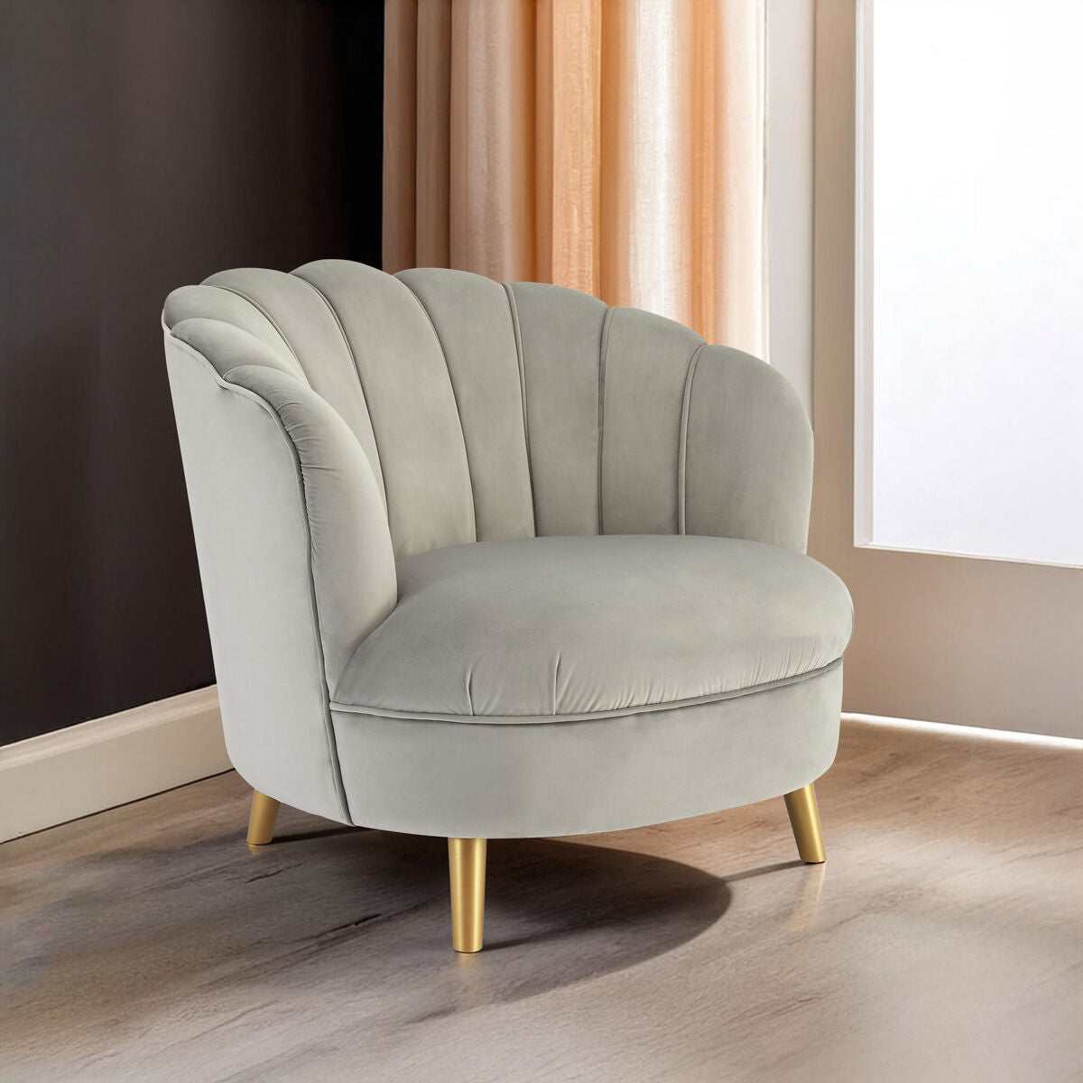 Orlina Grey Velvet Scalloped Curved Chair With Gold Wood Legs