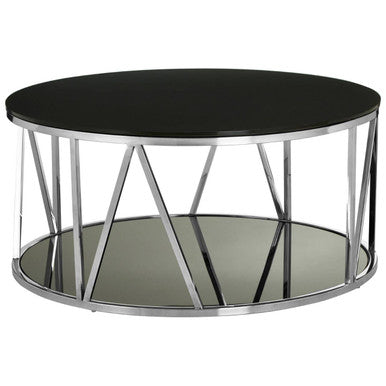 Round Chrome Stainless Steel Base Coffee Table With Black Tempered Glass Top, Alvaro