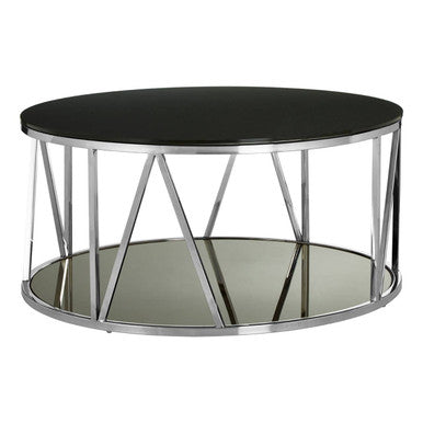 Round Chrome Stainless Steel Base Coffee Table With Black Tempered Glass Top, Alvaro