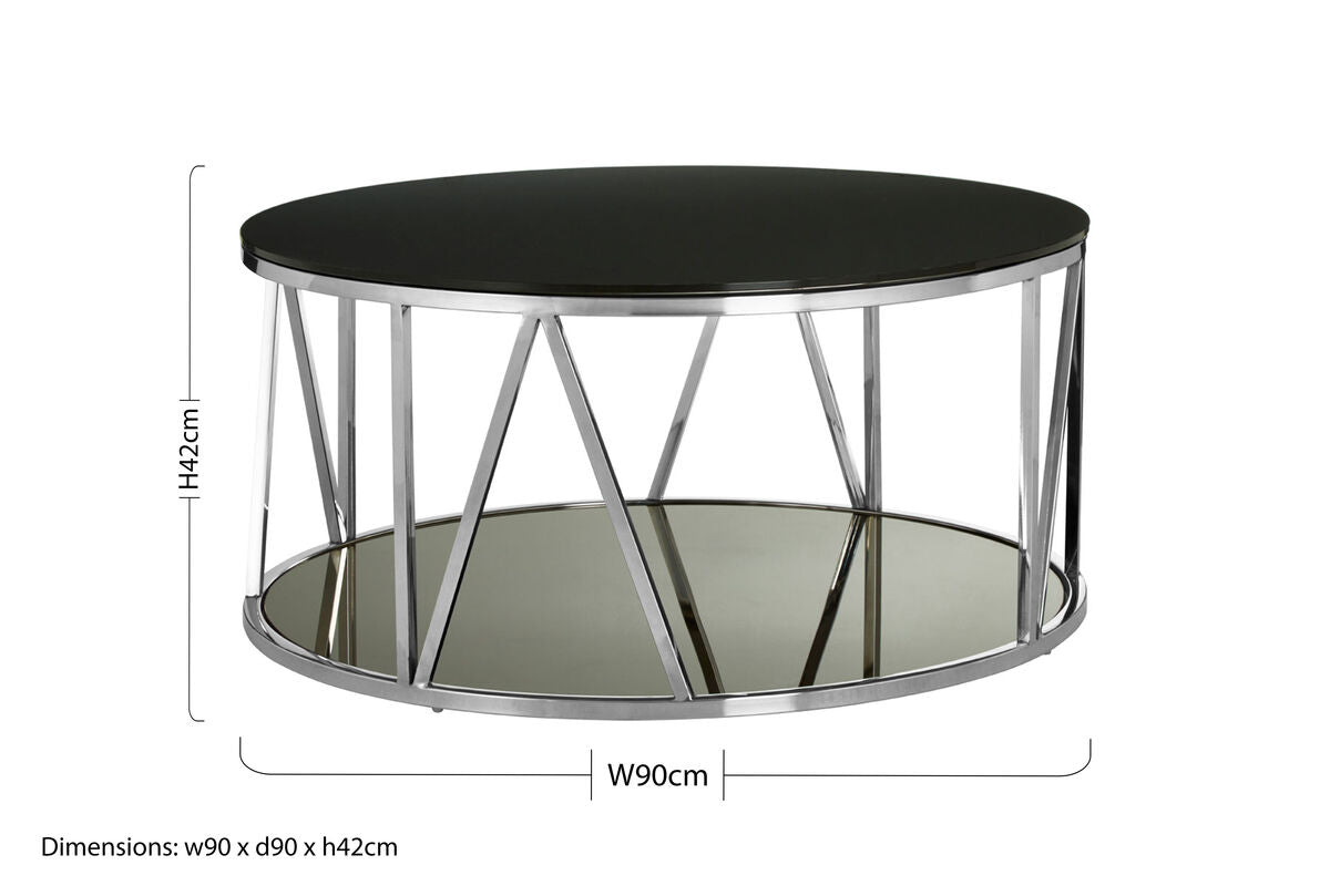 Round Chrome Stainless Steel Base Coffee Table With Black Tempered Glass Top, Alvaro