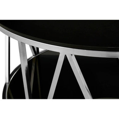 Round Chrome Stainless Steel Base Coffee Table With Black Tempered Glass Top, Alvaro