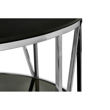 Round Chrome Stainless Steel Base Coffee Table With Black Tempered Glass Top, Alvaro