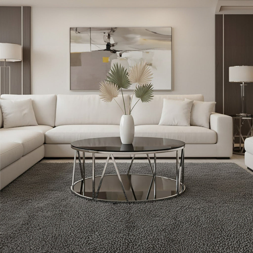 Round Chrome Stainless Steel Base Coffee Table With Black Tempered Glass Top, Alvaro