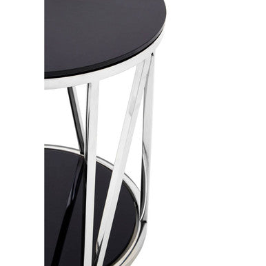 Black Tempered Glass Round Side Table With Chrome Reflective Stainless Steel Base, Alvaro
