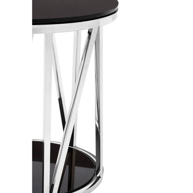 Black Tempered Glass Round Side Table With Chrome Reflective Stainless Steel Base, Alvaro