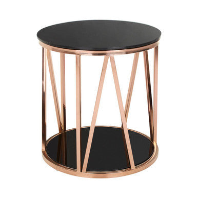 Black Tempered Glass Round Side Table With Rose Gold Reflective Stainless Steel Base, Alvaro