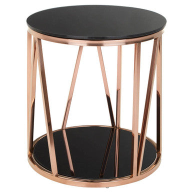 Black Tempered Glass Round Side Table With Rose Gold Reflective Stainless Steel Base, Alvaro