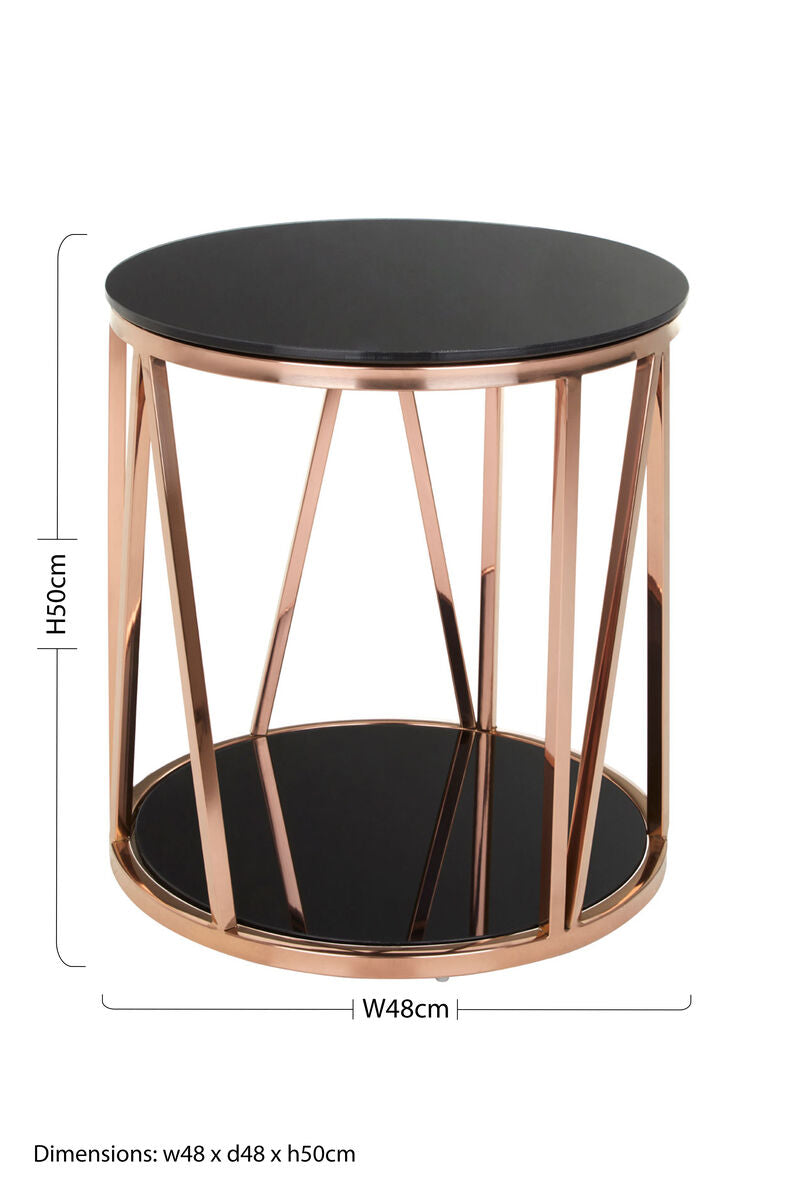 Black Tempered Glass Round Side Table With Rose Gold Reflective Stainless Steel Base, Alvaro