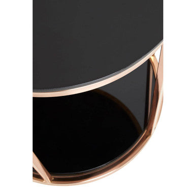 Black Tempered Glass Round Side Table With Rose Gold Reflective Stainless Steel Base, Alvaro