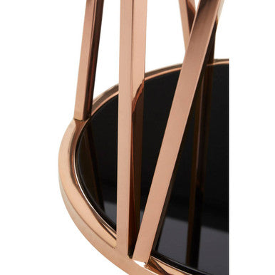 Black Tempered Glass Round Side Table With Rose Gold Reflective Stainless Steel Base, Alvaro