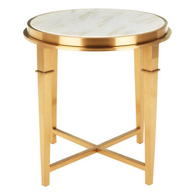 Round White Marble Top Side Table With Warm Gold Stainless Steel Frame, Alvaro