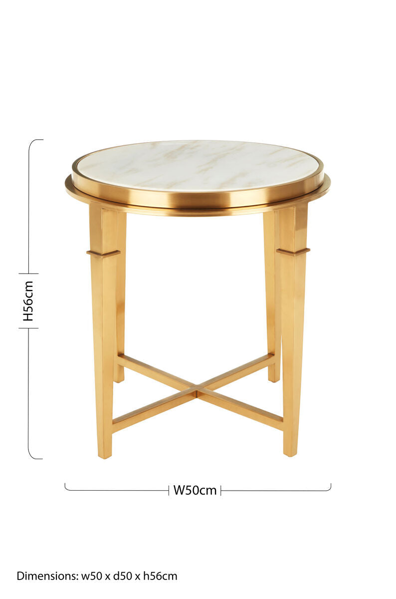 Round White Marble Top Side Table With Warm Gold Stainless Steel Frame, Alvaro