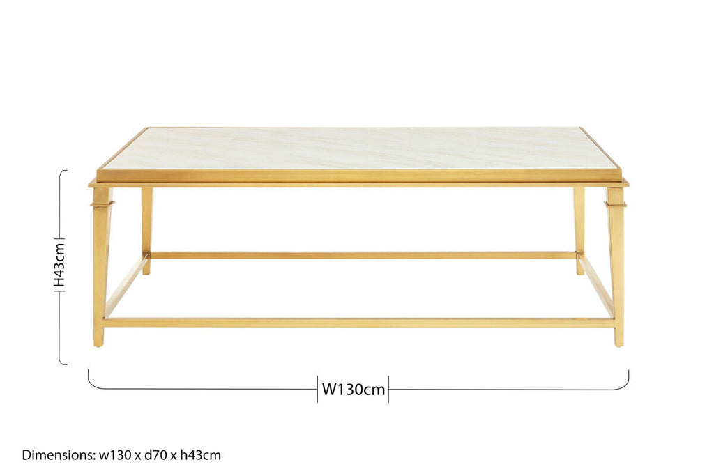 Rectangular White Marble Coffee Table With Warm Gold Stainless Steel Frame, Alvaro