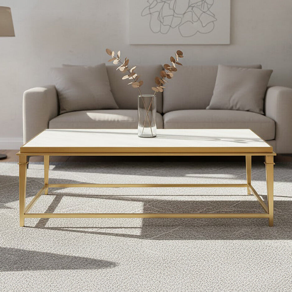 Rectangular White Marble Coffee Table With Warm Gold Stainless Steel Frame, Alvaro